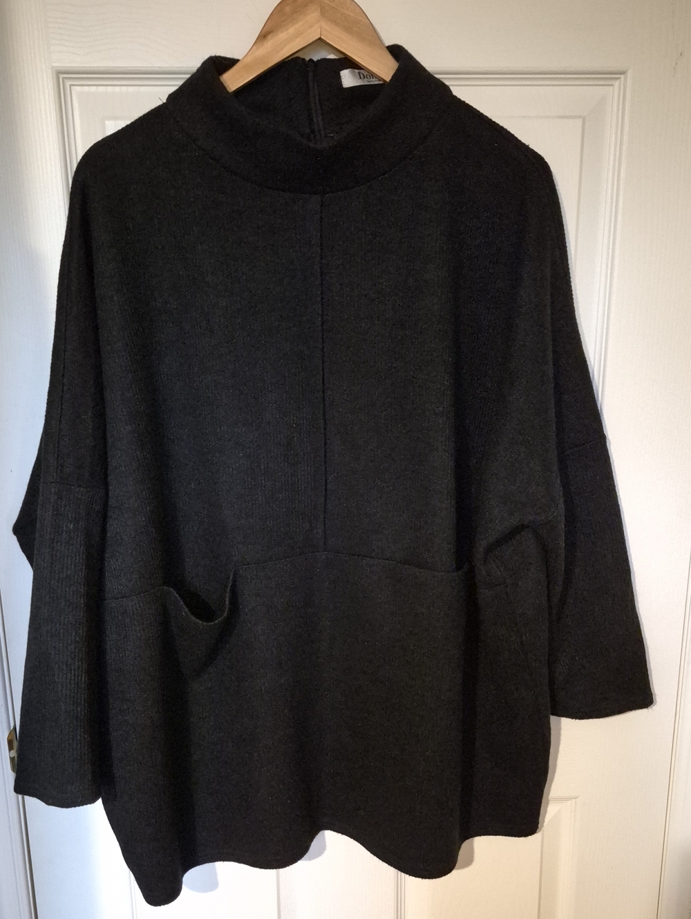 Domani Black Mock Neck Poncho Sweater Oversized Knit Cape with Pockets -One Size